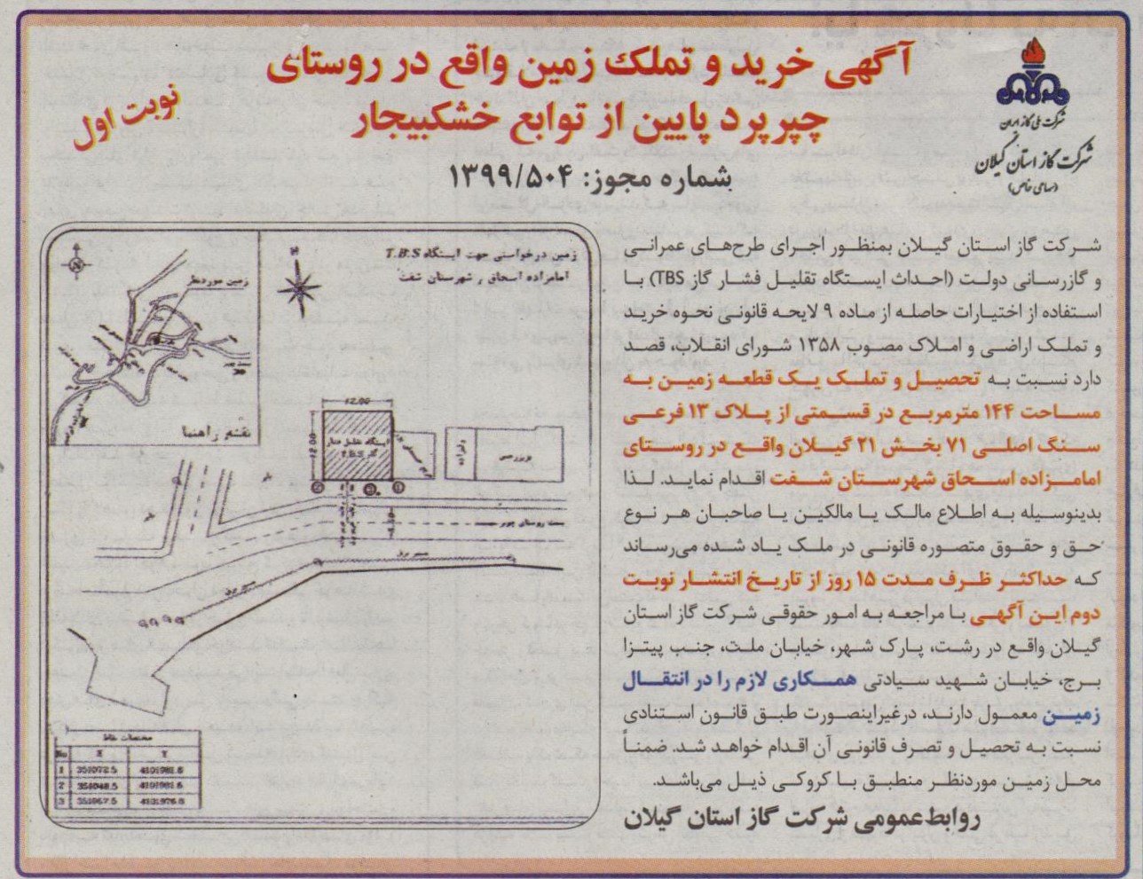 خرید و تملک زمین واقع در روستای چپرپرد پایین از توابع خشکبیجار - 10 اردیبهشت